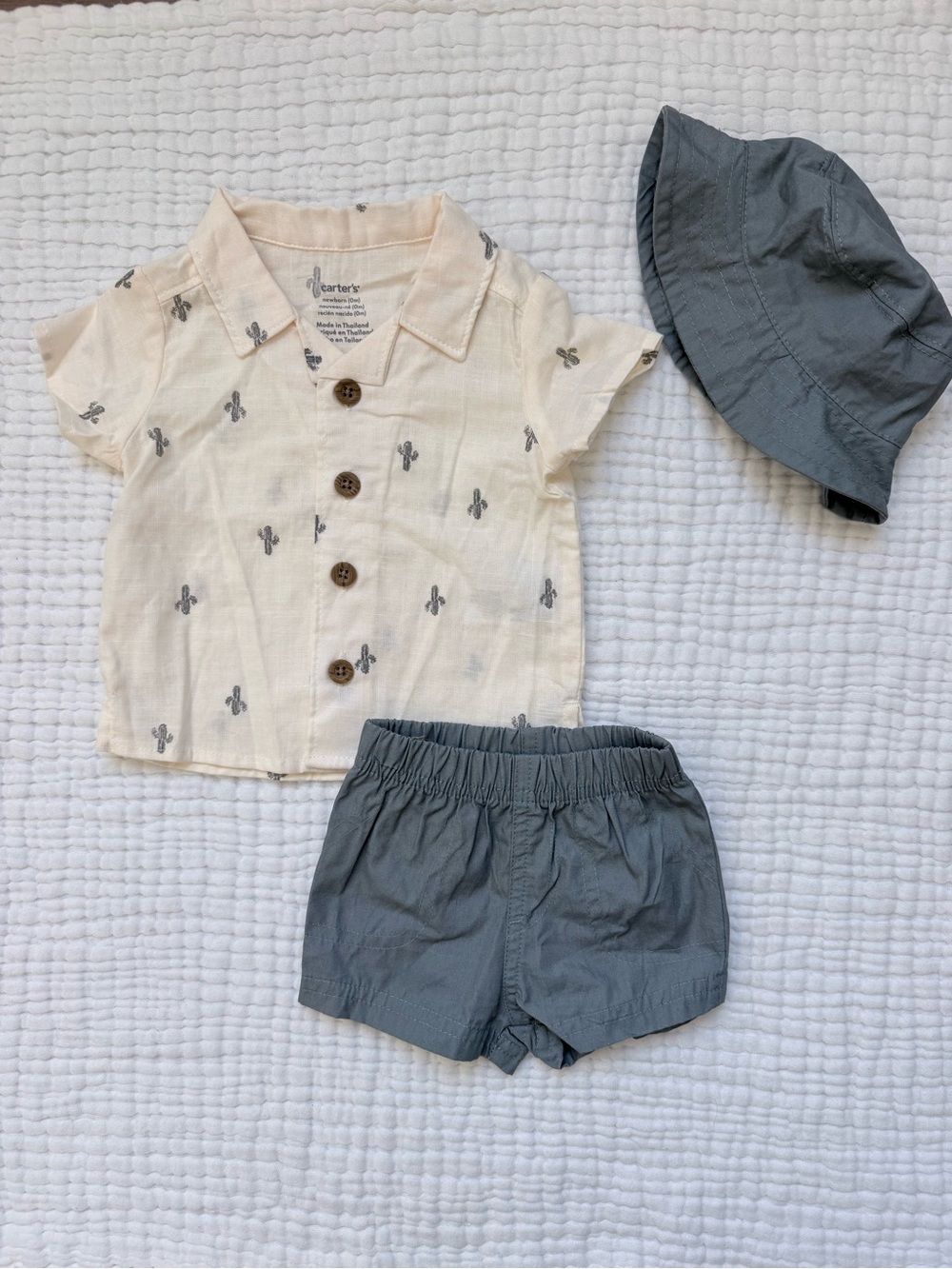 Carter's Cream Cactus Button-Front Shirt with Gray Shorts & Hat